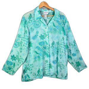 Pendleton Floral Blouse Aqua Green XL Button Up Coastal Casual Textured Weave